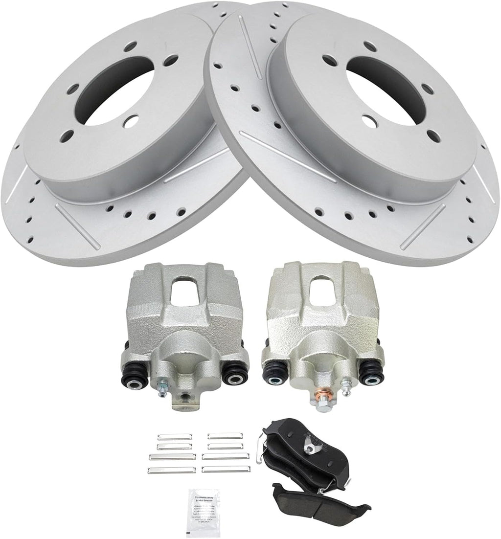 TRQ Performance Rear Brake Pad and Rotor Set Ceramic Drilled Slotted Solid Rotors Calipers Compatible with 2006-2010 Ford Explorer 2007-2010 Explorer Sport Trac 2006-2010 Mercury Mountaineer