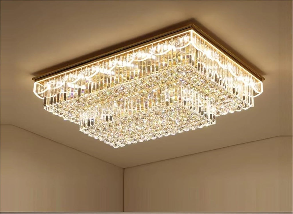 Rectangular Round K9 Crystal Silver Gold Dimmable LED Ceiling Chandelier Lamp Ceiling Lamp for Living Room,Dining Light Fixtures