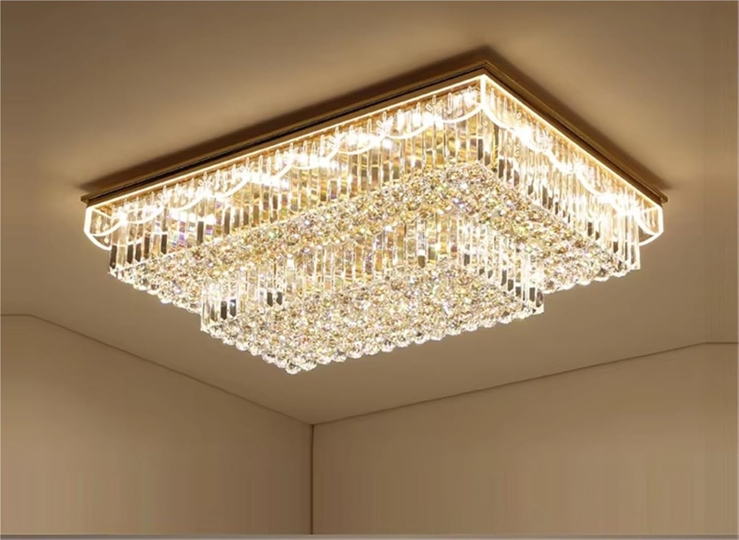 Rectangular Round K9 Crystal Silver Gold Dimmable LED Ceiling Chandelier Lamp Ceiling Lamp for Living Room,Dining Light Fixtures