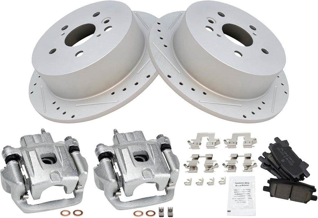 TRQ Performance Rear Brake Pad and Rotor Set Ceramic Drilled Slotted Solid Rotors Calipers Compatible with 2004-2006 Lexus RX330 2006-2009 RX350 2006-2008 RX400h 2006-2007 Toyota Highlander