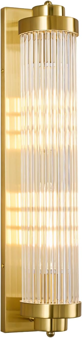 Gold Wall Sconces with Crystal Glass Strip Bathroom Sconces 2 Light E12 Base Modern Wall Lights for Bedroom Living Room Hallway Wall Light Fixtures (1 Pack)