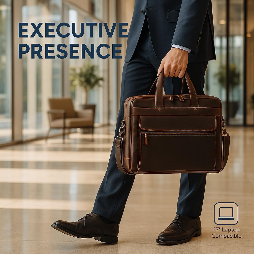 Luxorro Professional Leather Briefcase for Men with YKK Zippers – TSA-Friendly, Fits 17' Laptop, Handcrafted Full-Grain Leather, Ideal Executive Gift (Dark Brown)