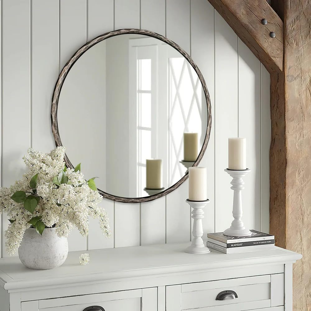 ANDY STAR 30 Inch Bathroom Hammered Round Mirrors, Silver Hand-Forged Circle Wall Mirrors with Metal Frame, Antique Round Mirror for Wall, Livingroom, Entryways, Solid Steel, Anti-Rust