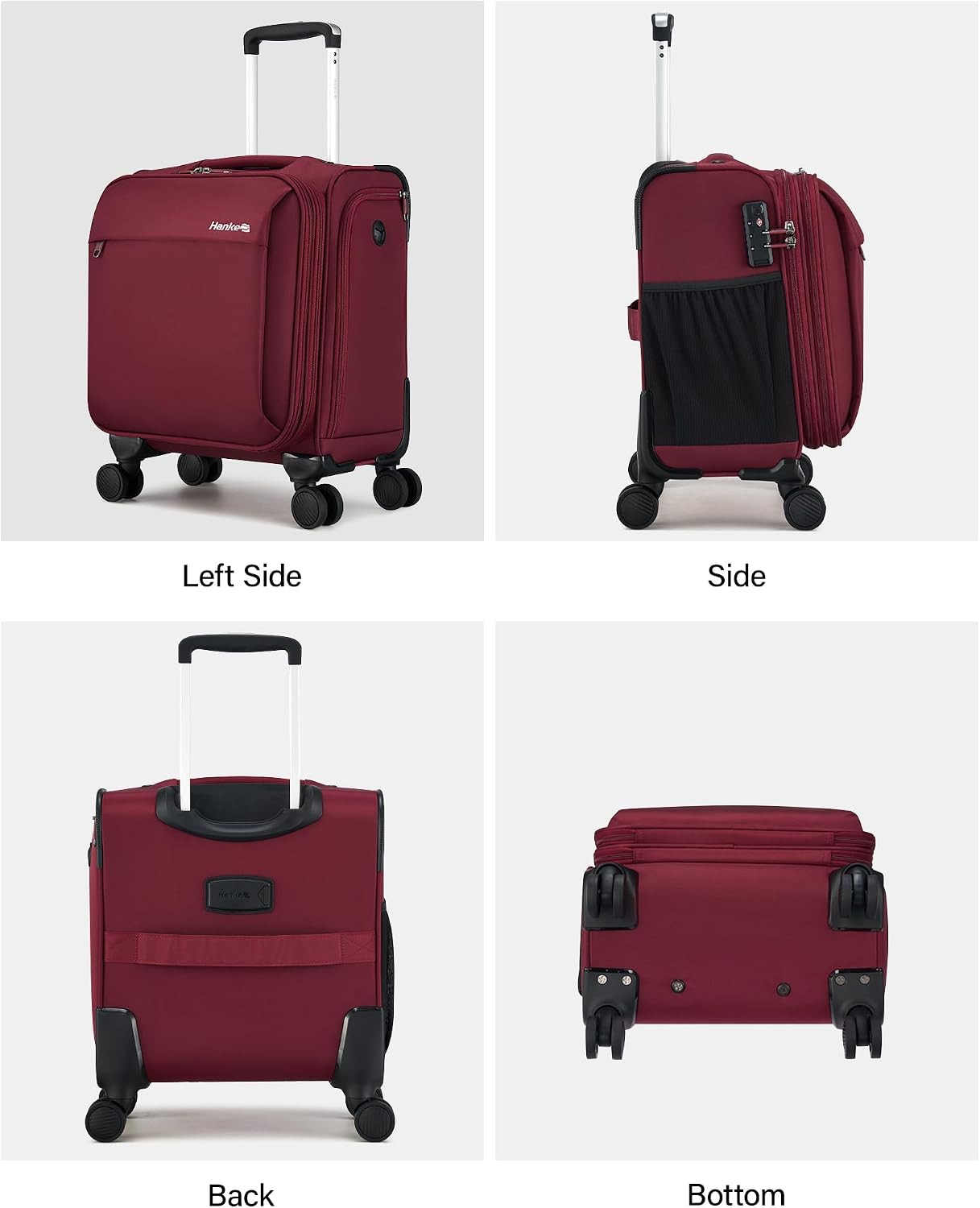 Hanke 16 Inch Underseat Carry On Luggage with Wheels Small Suitcase Softside Luggage Bags for Travel Lightweight Suitcases with Wheels Travel Luggage Personal Item for Men and Women(Burgundy)