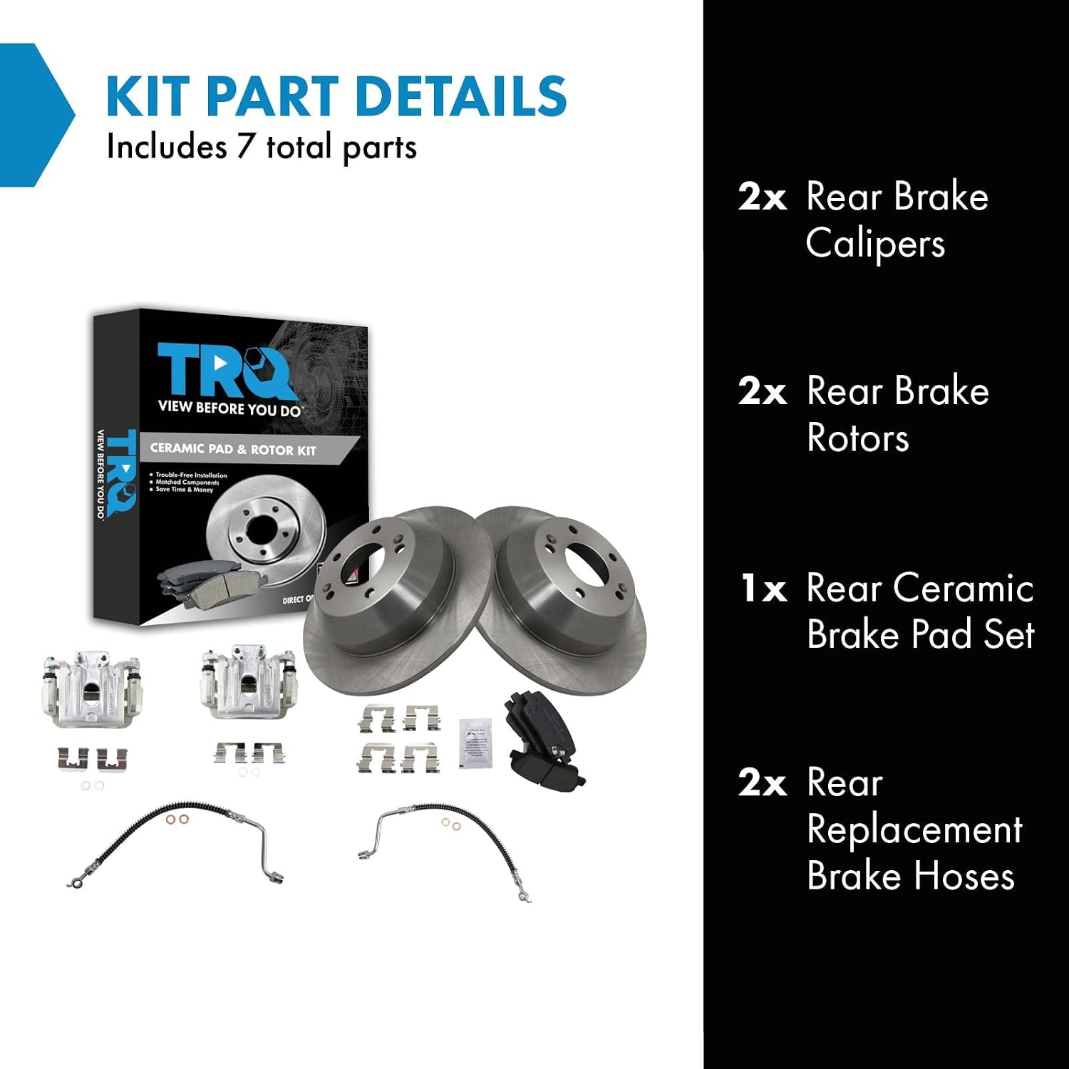 TRQ Rear Brake Pad and Rotor Set Ceramic Rotors Calipers Hoses Compatible with 2010-2012 Hyundai Santa Fe 2011-2013 Kia Sorento
