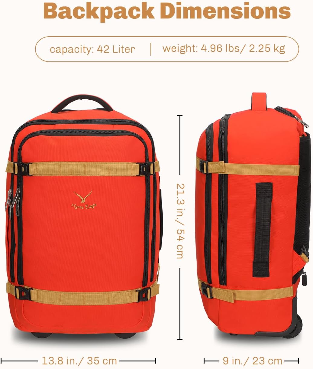 Hynes Eagle Rolling Backpack 42L Backpack with Wheels Airline Approved Carry on Luggage Laptop Travel Suitcase Bag for Women Men Orange