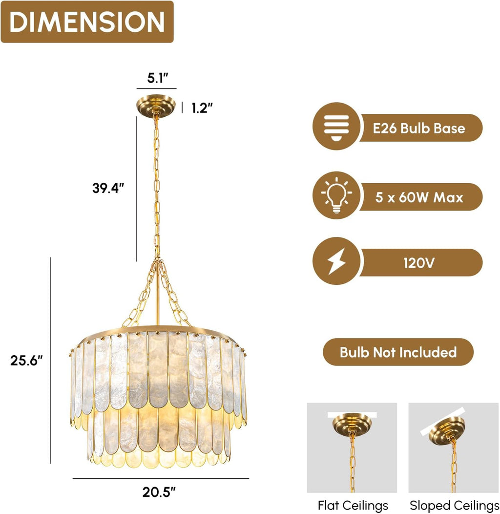 Modern 5-Light Shell Chandelier, 2-Tiered Faceted Pendant Light with Gold Metal Frame, E26 Lighting Fixture for Dining Room, Bedroom, Living Room