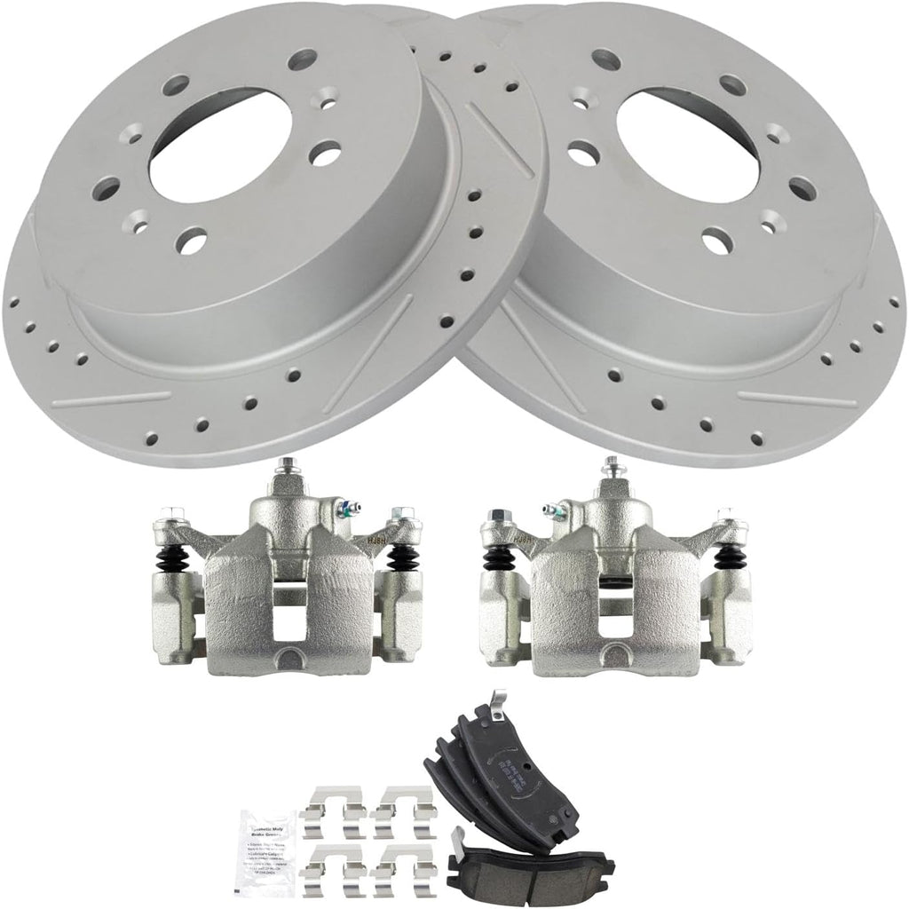 TRQ Performance Rear Brake Pad and Rotor Set Ceramic Coated Drilled Slotted Solid Rotors Calipers Compatible with 2006-2010 Chevrolet Impala 2006-2007 Monte Carlo 2008-2009 Buick LaCrosse