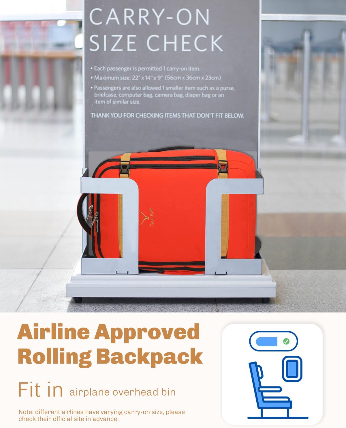 Hynes Eagle Rolling Backpack 42L Backpack with Wheels Airline Approved Carry on Luggage Laptop Travel Suitcase Bag for Women Men Orange
