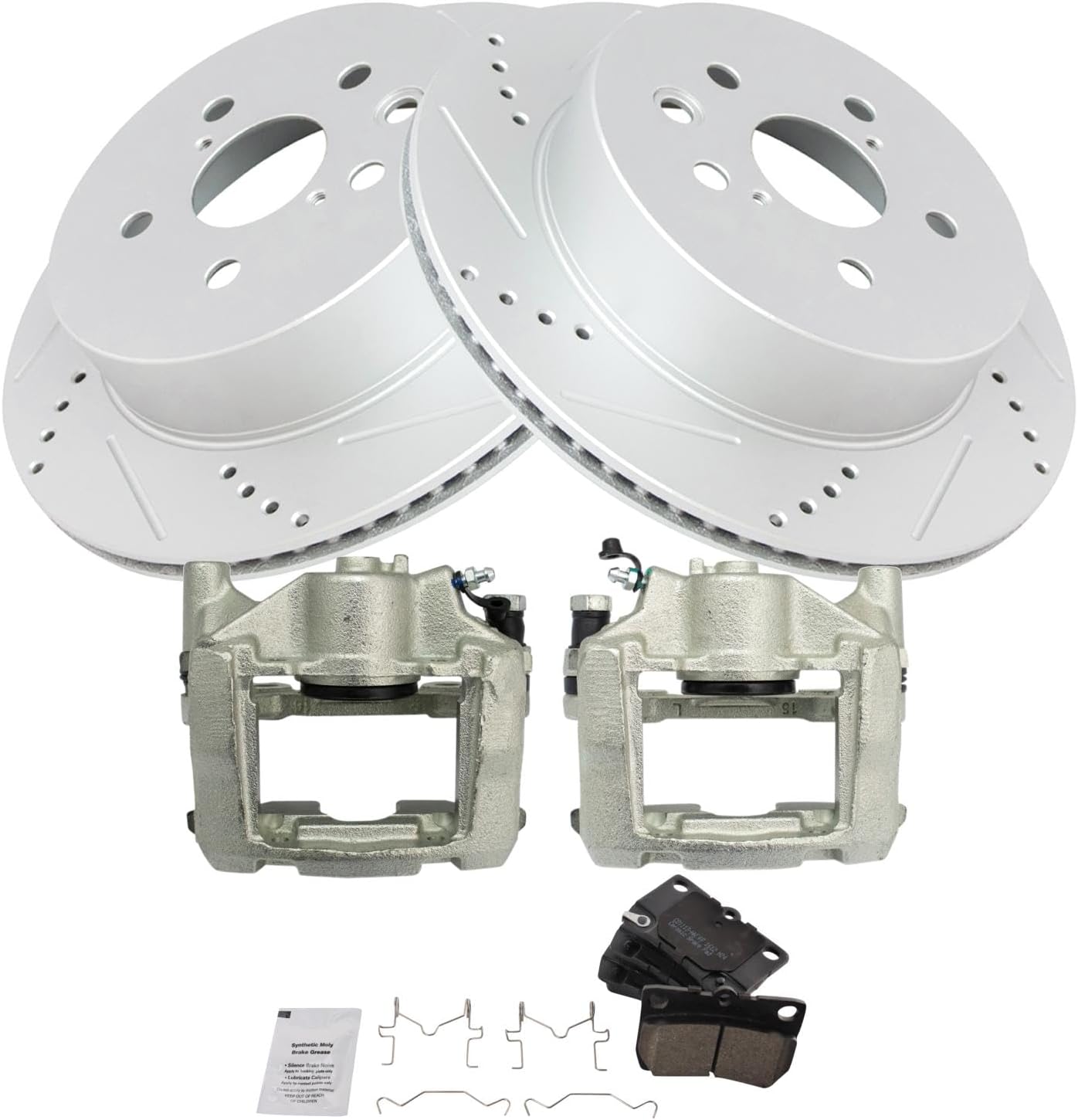 TRQ Performance Rear Brake Pad and Rotor Set Ceramic Drilled Slotted Coated Rotors Calipers Compatible with 2006-2007 Lexus GS430 2007-2011 GS450h 2008-2011 GS460 2006-2013 IS350