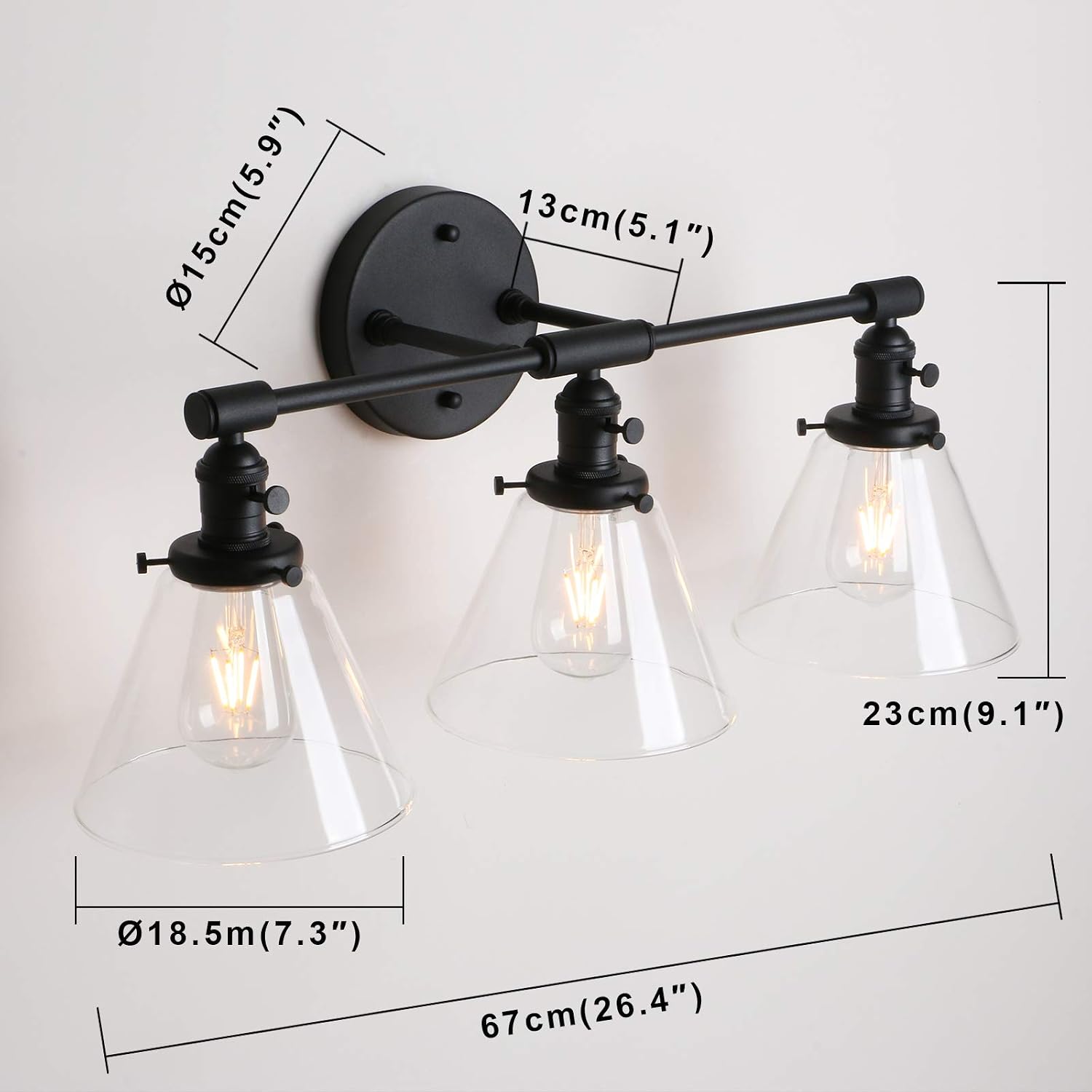 Permo Vintage Industrial Antique Three-Light Wall Sconces with Funnel Flared Clear Glass Shade (Black)