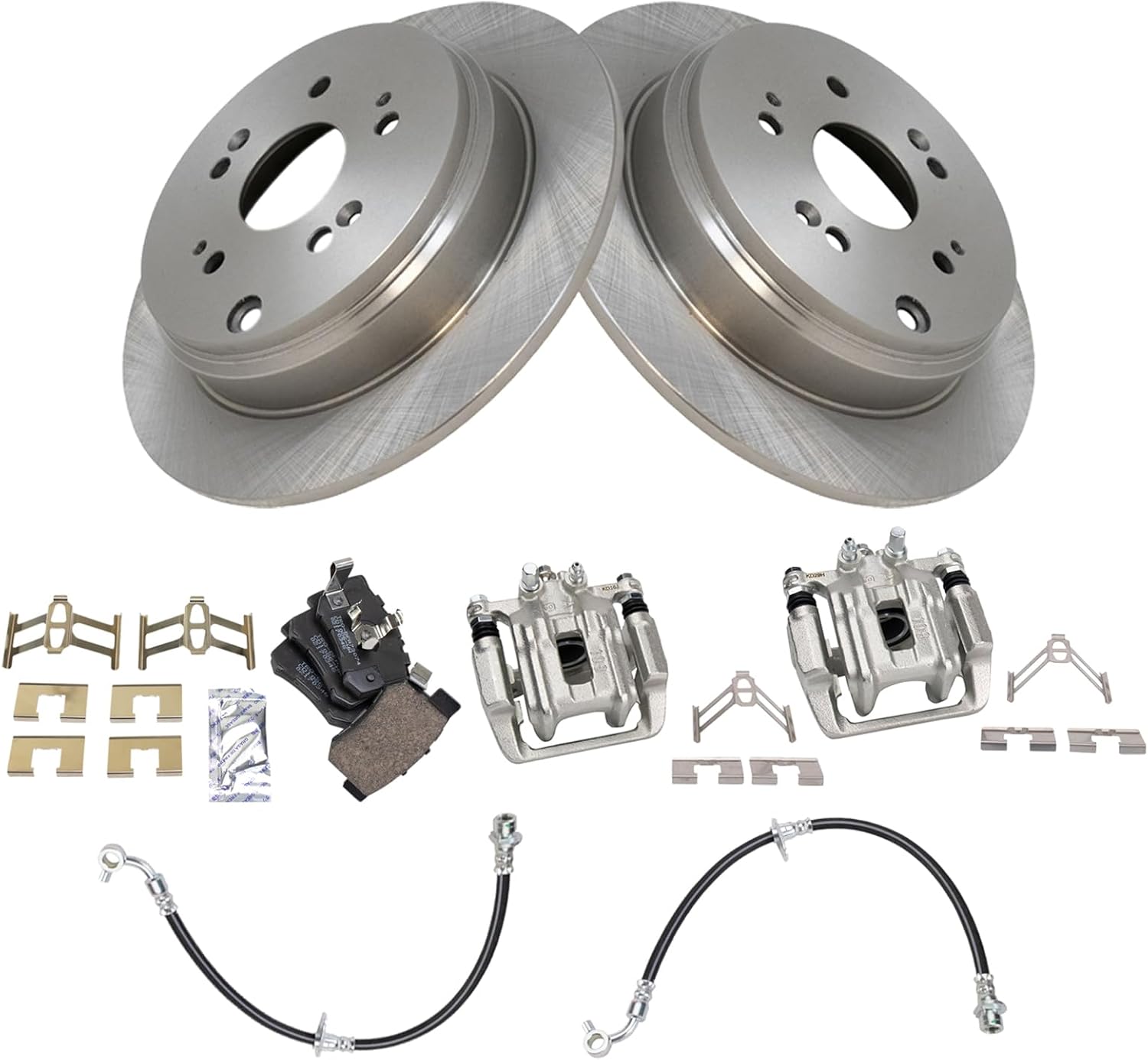 TRQ Rear Brake Pad and Rotor Set Ceramic Rotors Calipers Hoses Compatible with 2007-2011 Honda CR-V