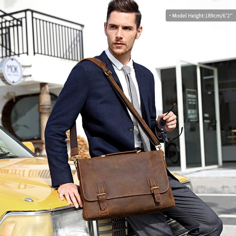 Kattee Men's Leather Satchel Briefcase, 15.6' Laptop Messenger Shoulder Bag Tote