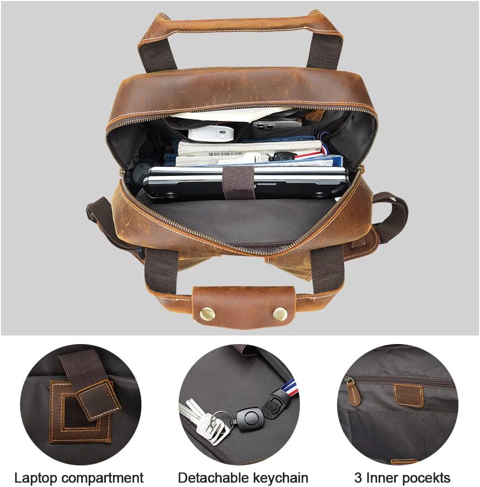 TIDING Brown Leather Laptop Backpack for Men, Vintage Business Casual Daypack Fits 15.6' 16' Computer, Large Weekender Travel Back Pack