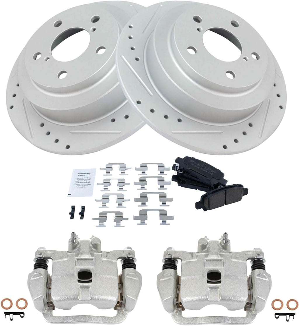 TRQ Performance Rear Brake Pad and Rotor Set Ceramic Solid G Coated Rotors Calipers Compatible with 1998-2003 Subaru Forester 1999-2003 Impreza