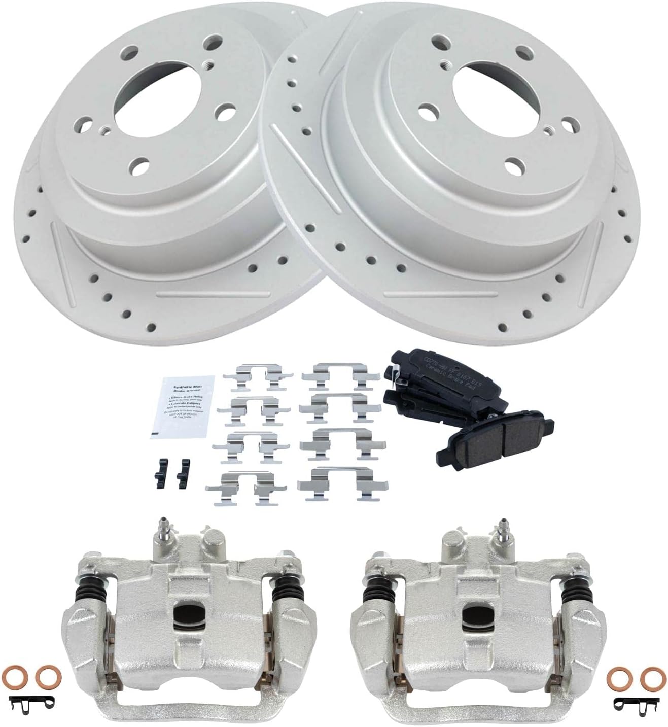 TRQ Performance Rear Brake Pad and Rotor Set Ceramic Solid G Coated Rotors Calipers Compatible with 1998-2003 Subaru Forester 1999-2003 Impreza