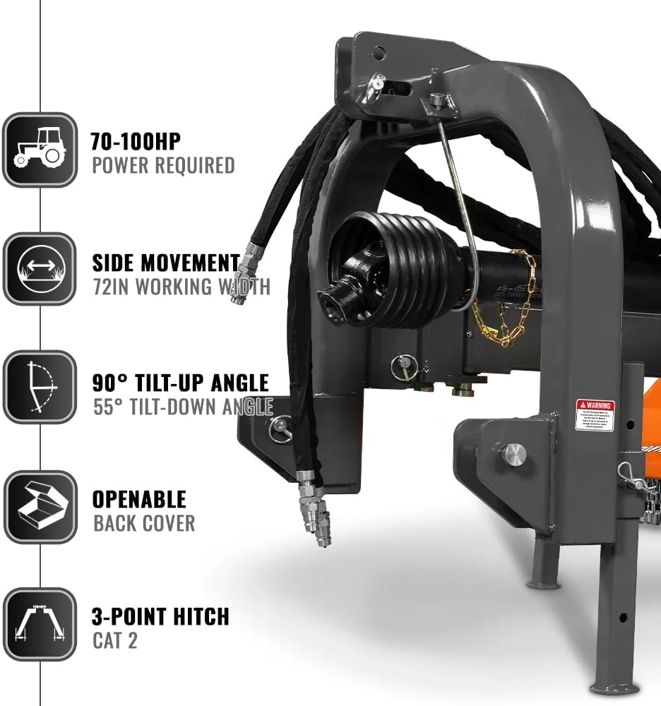 MechMaxx 72' PTO Drive 3 Point Hitch Offset Flail Ditch Bank Mower for 70-100HP CAT 2 Tractor, 90'' Offset Distance,55°/90° Rotation Angle, 18 Hammers, Model VAM72