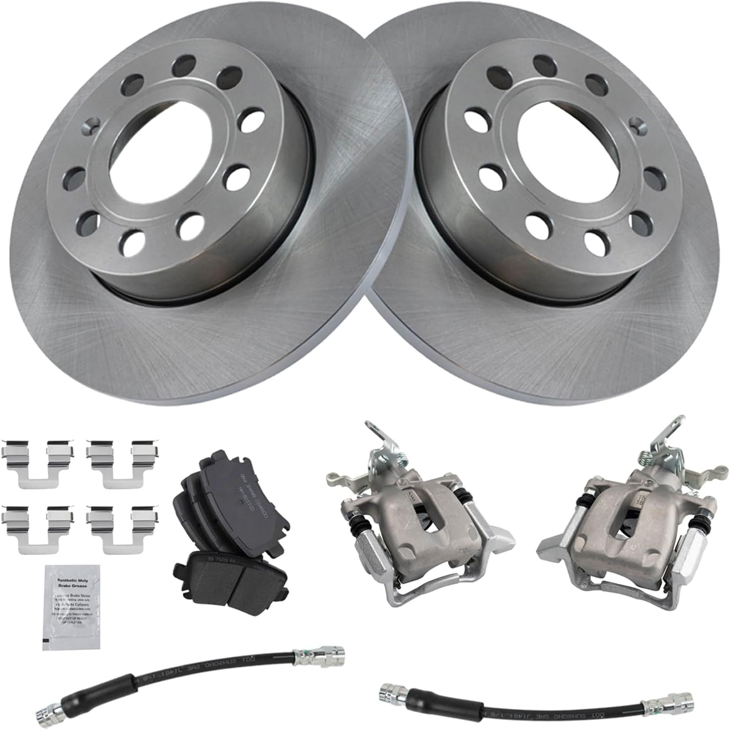 TRQ Rear Brake Pad and Rotor Set Ceramic Solid Rotors Calipers Hoses Compatible with 2006-2010 Volkswagen Jetta 2006-2009 Rabbit