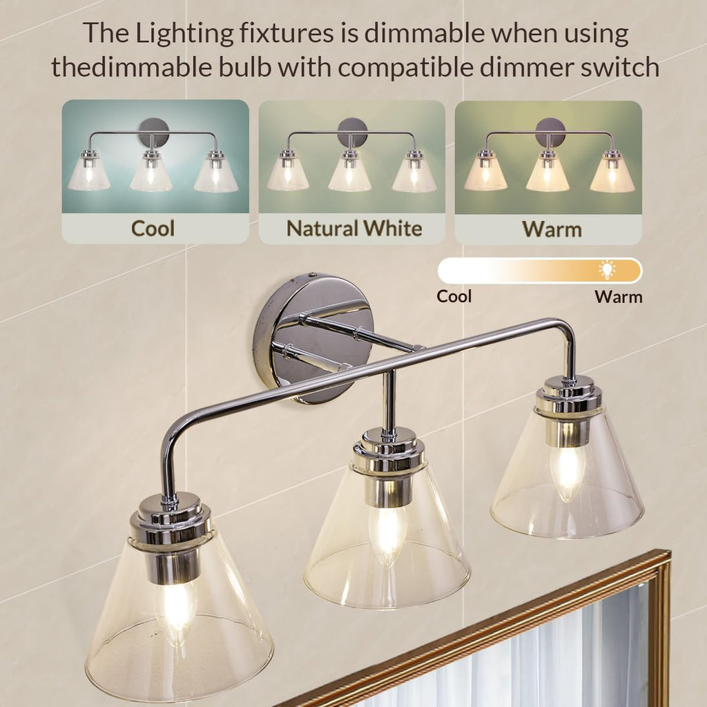 ANDY STAR Vanity Lights for Bathroom 3 Light - Chrome Bathroom Light Fixtures with Clear Cone-Shaped Glass, Polished Modern Geometric Design Wall Lights for Hallway, Bedroom, E26 Base (No Bulbs)
