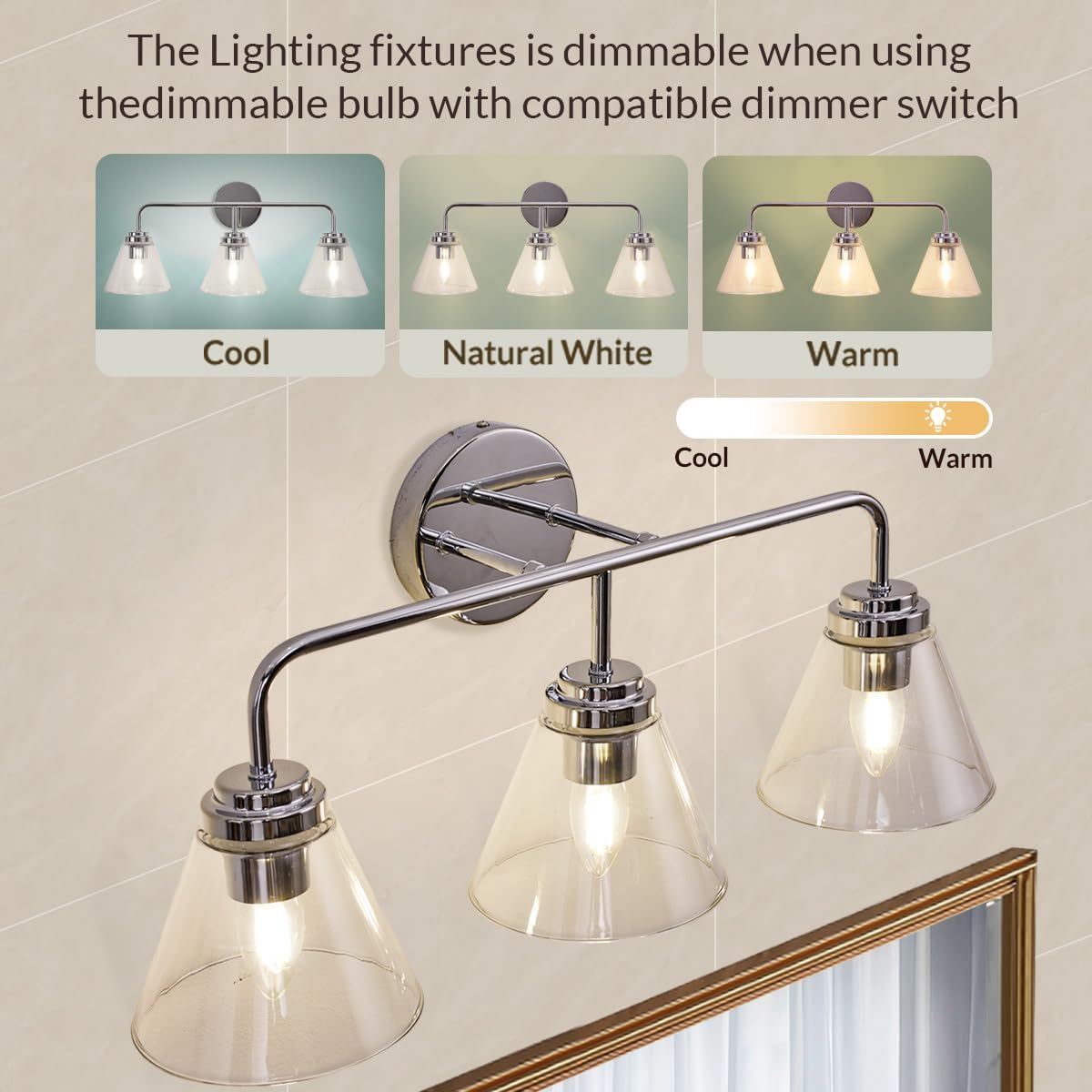 ANDY STAR Vanity Lights for Bathroom 3 Light - Chrome Bathroom Light Fixtures with Clear Cone-Shaped Glass, Polished Modern Geometric Design Wall Lights for Hallway, Bedroom, E26 Base (No Bulbs)