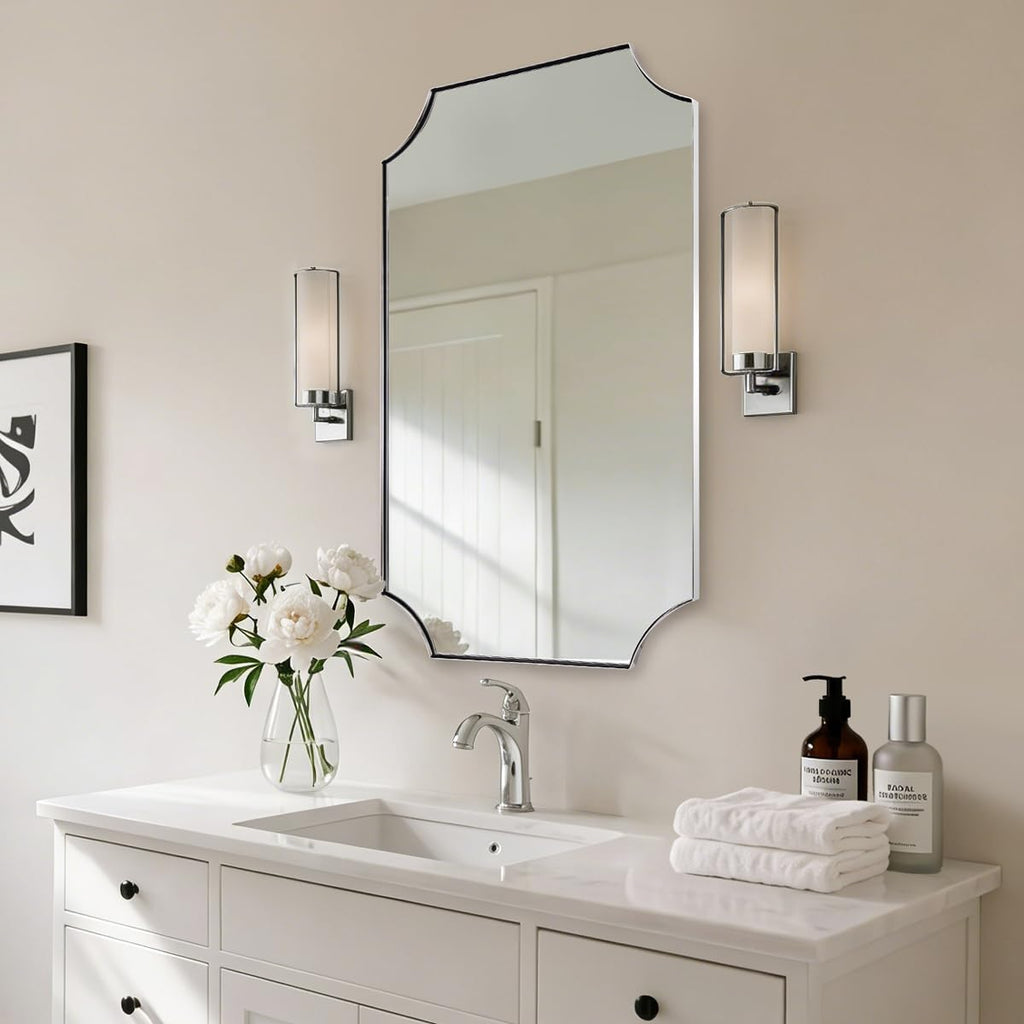 MIRRORART Brushed Nickel Mirrors 24x36 Inch, Contemporary Scalloped Silver Bathroom Mirrors, Notched Corner Rectangle Mirror for Home Remodel in 1'' Stainless Steel Metal Frame Wall Mount Two Ways
