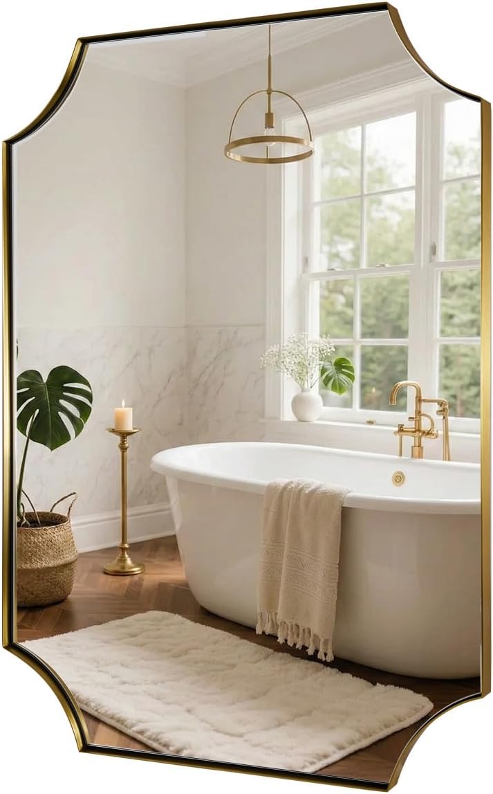 MIRRORART Contemporary Scalloped Brass Bathroom Mirrors 22x30 Inch | Notch Corner Gold Rectangle Bathroom Mirrors ,1'' Rustproof Seamless SUS Steel Frame,Wall-Mounted, Shatterproof HD Glass