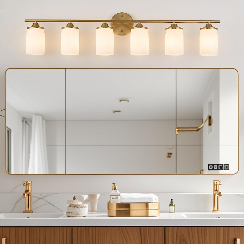 Jonsi Gold Bathroom Light Fixtures 6-Light Vanity Lights Modern Wall Sconce with Milk White Shade Brushed Brass Bathroom Light Fixture Over Mirror for Bedroom Hallway Kitchen