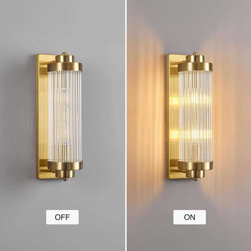 Gold Wall Sconces Set of Two with Crystal Glass Strip Bathroom Sconces Modern Wall Lights for Bedroom Living Room Hallway Wall Light Fixtures, 2 Light E12 Base