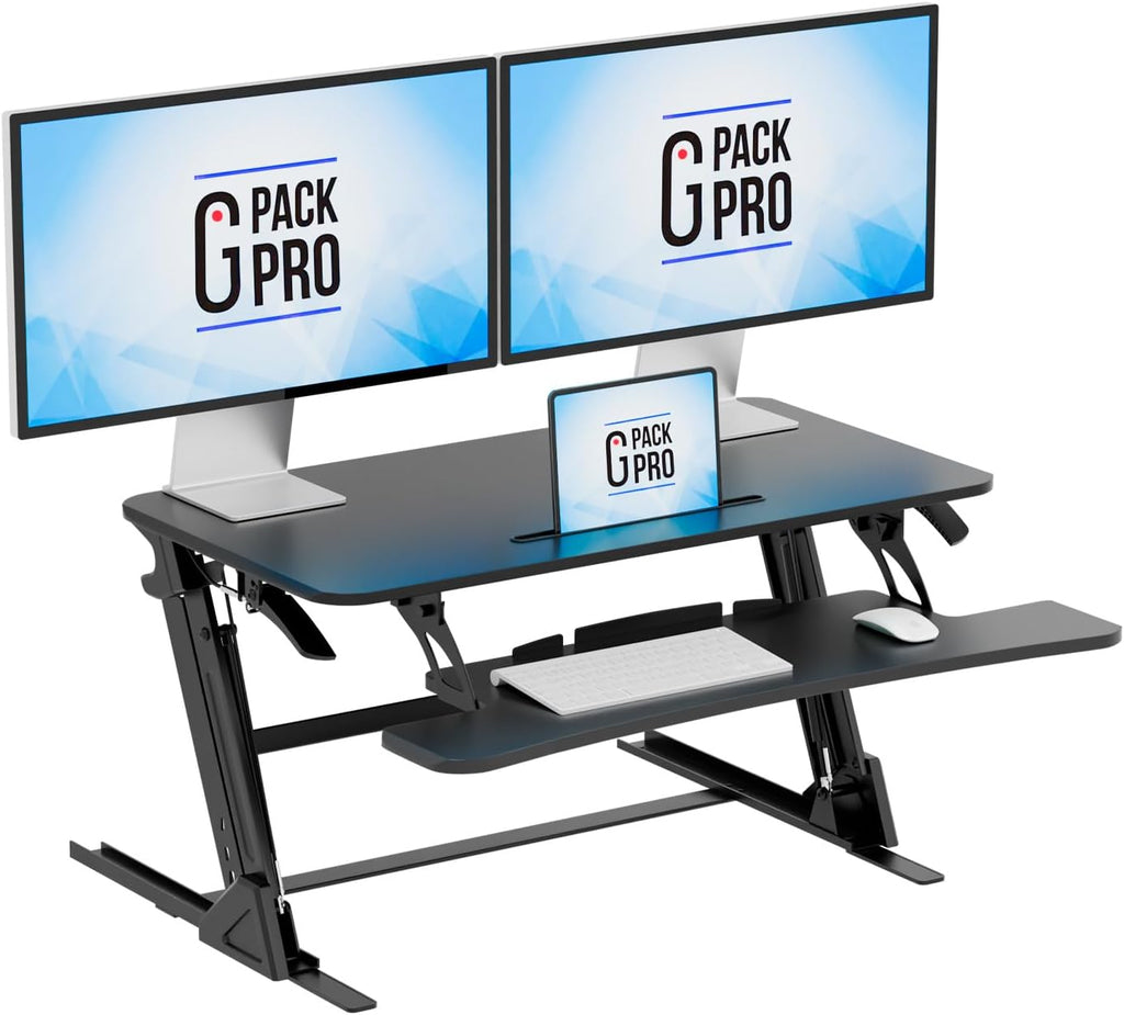 36″ Wide Standing Desk Converter – Sit-to-Stand Workstation for Dual Monitors, Height Adjustable Up to 17.3″ with Large Keyboard Tray – Black