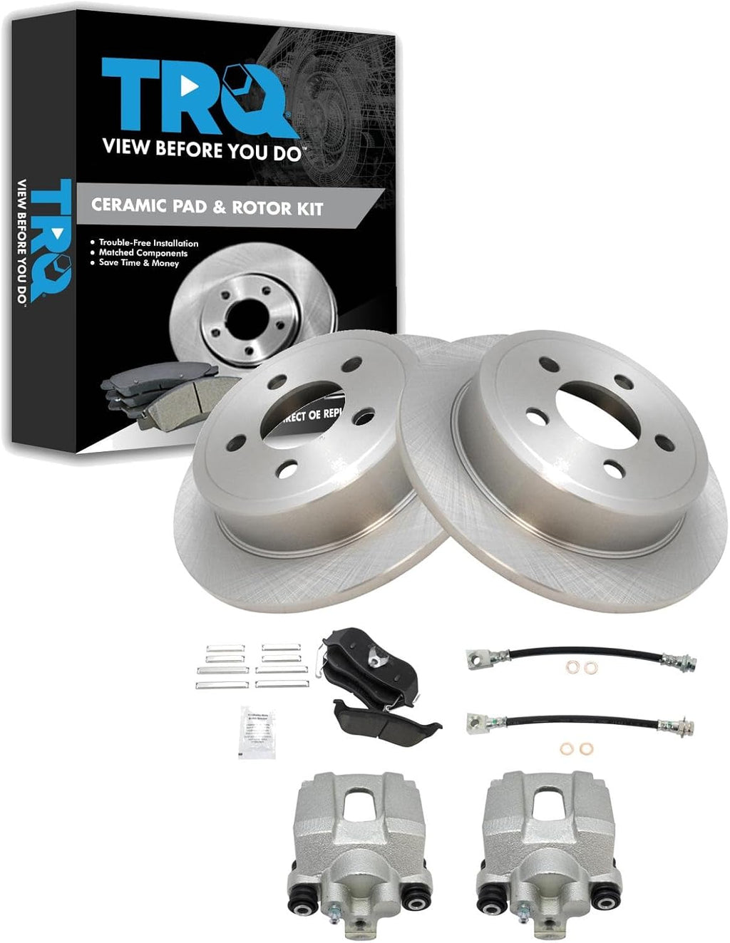 TRQ Rear Brake Pad and Rotor Set Ceramic Rotors Calipers Hoses Compatible with 2003-2005 Jeep Liberty