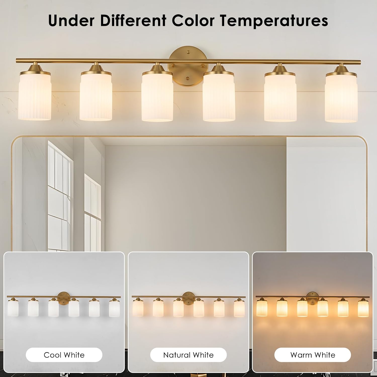 Jonsi Gold Bathroom Light Fixtures 6-Light Vanity Lights Modern Wall Sconce with Milk White Shade Brushed Brass Bathroom Light Fixture Over Mirror for Bedroom Hallway Kitchen