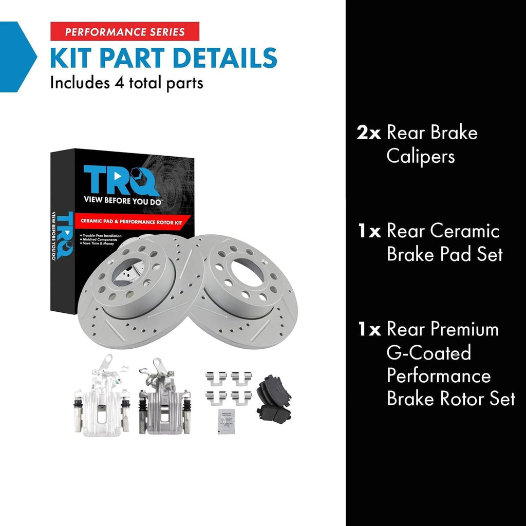 TRQ Performance Rear Brake Pad and Rotor Set Ceramic Coated Drilled Slotted Rotors Calipers Compatible with 2010 Audi A3 A3 Quattro Volkswagen Golf