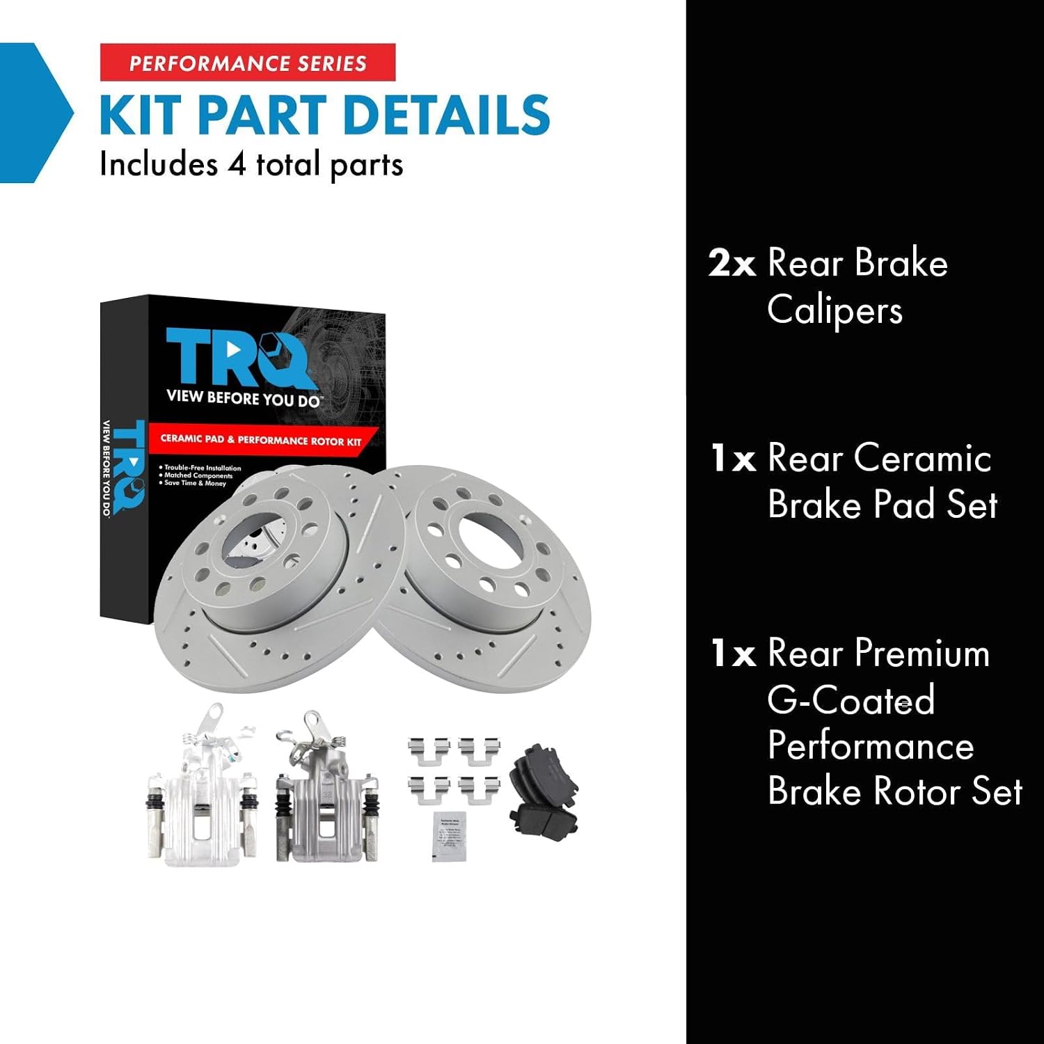 TRQ Performance Rear Brake Pad and Rotor Set Ceramic Coated Drilled Slotted Rotors Calipers Compatible with 2010 Audi A3 A3 Quattro Volkswagen Golf