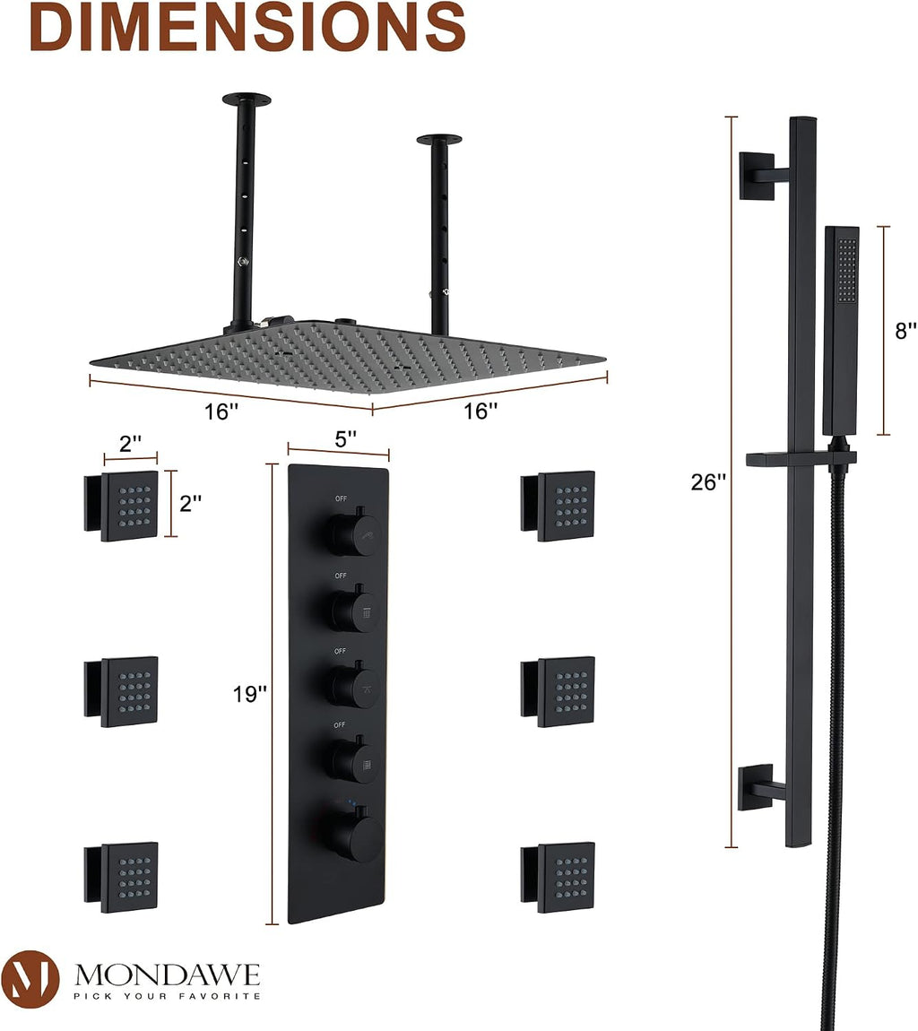 MONDAWE 16 Inch Thermostatic Shower System in Matte Black, Ceiling Mounted Rain and Mist Shower Head with Handheld Spray and 6 Body Jets, High Pressure Bathroom Shower Faucet Set, Solid Brass Valve