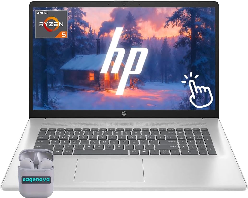 HP Touchscreen Laptop, 17.3' Business Laptop Computer, Windows 11, 16GB RAM 1TB SSD, AMD Ryzen 5 7430U, HD+ 1600 x 900 Display, Camera Privacy Shutter, SageNova Earphones, Silver