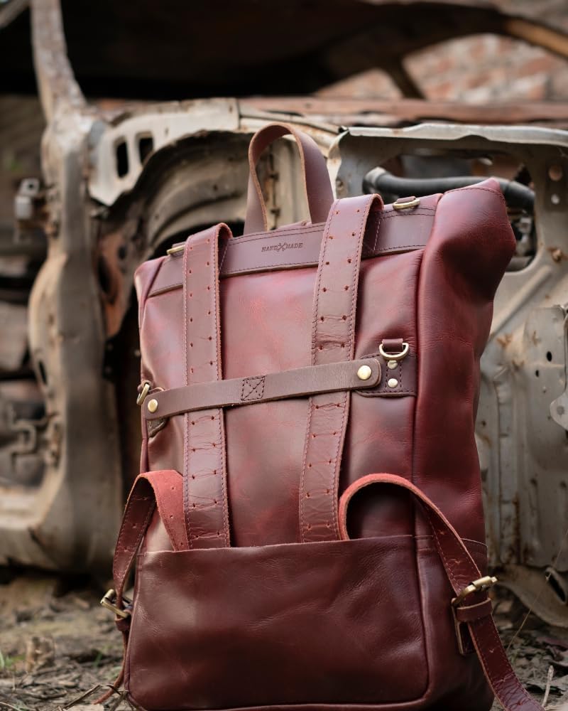 Trip Machine Company Full Grain Leather Roll Top Motorcycle Backpack Pannier – Quick Mount 15L Waterproof Laptop Bag (Cherry Red)