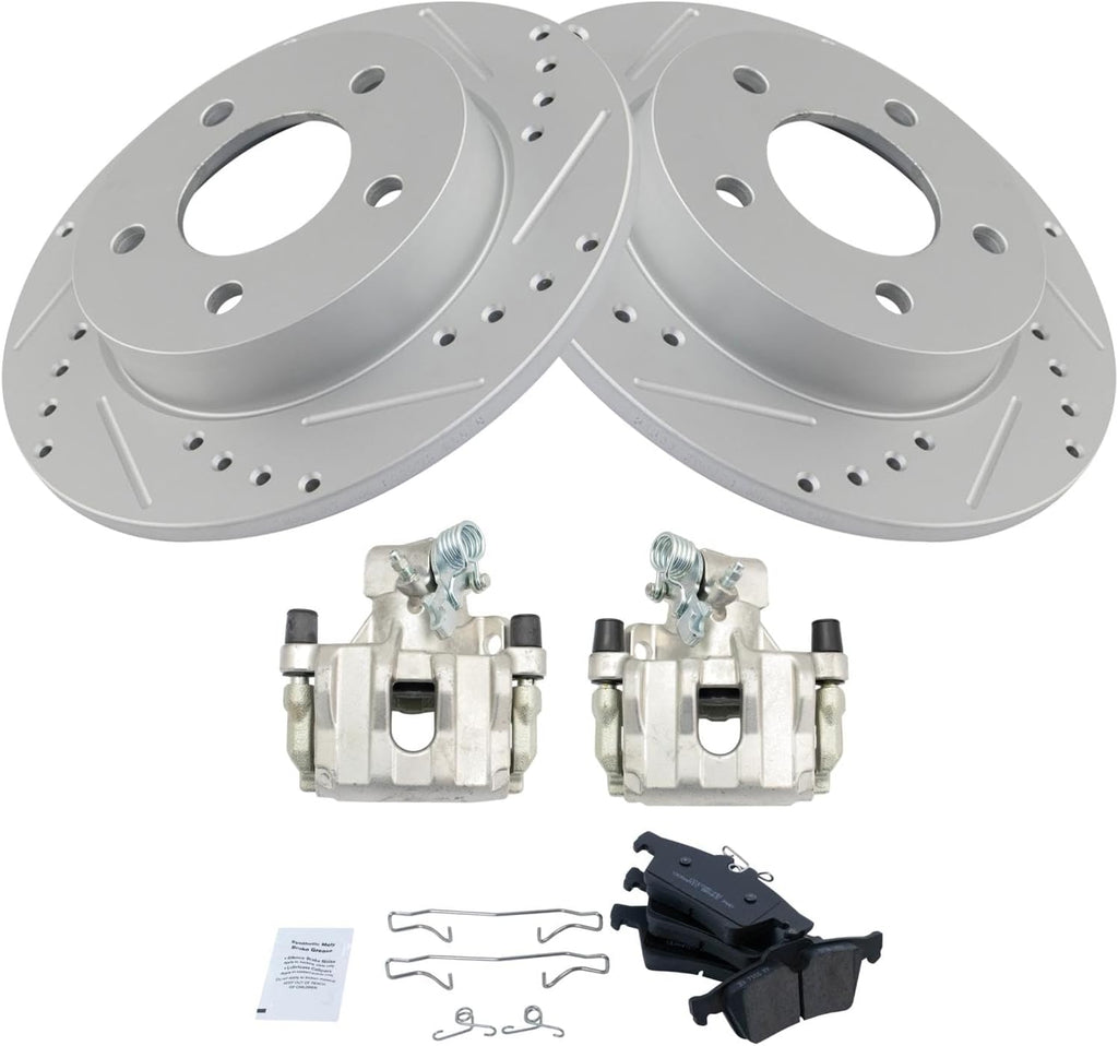TRQ Performance Rear Brake Pad and Rotor Set Ceramic Solid Rotors Calipers Compatible with 2009-2013 Mazda 3