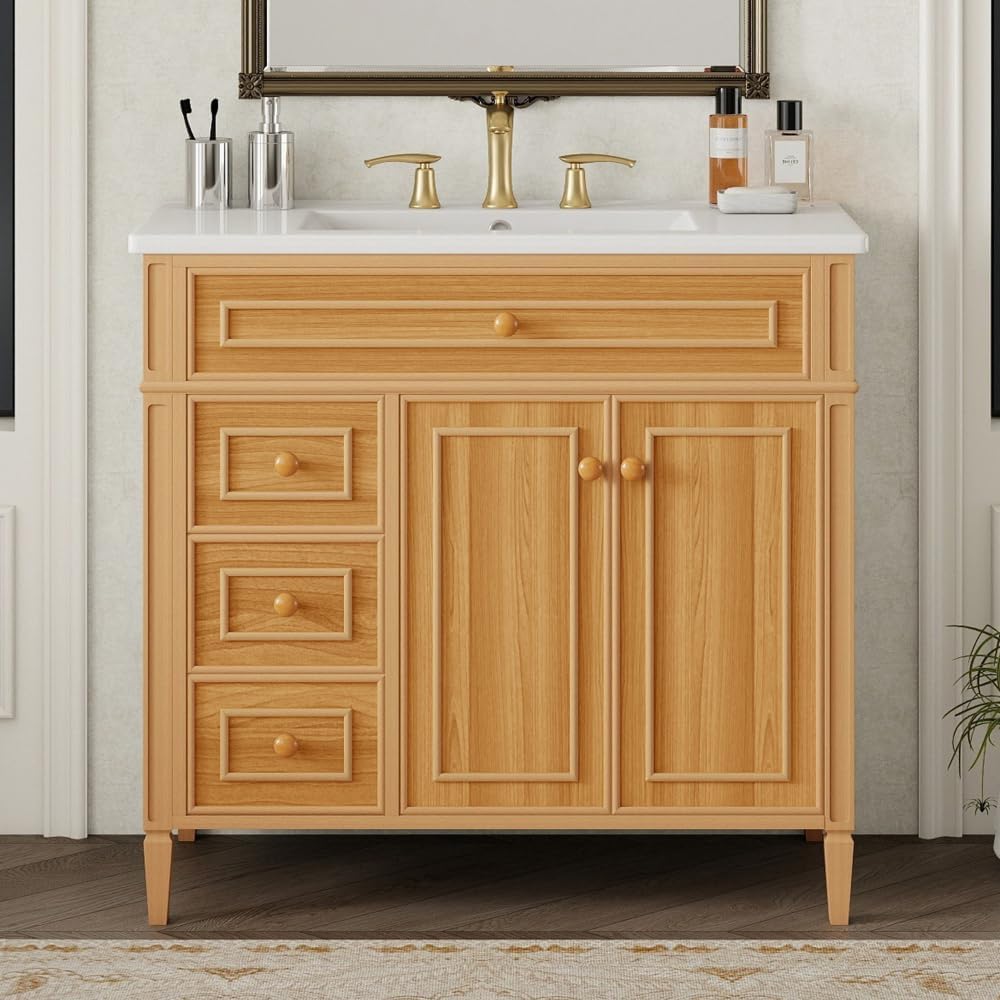 36 Inch Bathroom Vanity with Sink, Single Sink Bathroom Vanities, Gold Handles Bathroom Sink Cabinet (Wood)