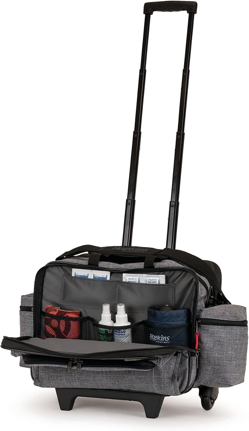 Hopkins Medical Products Travel Safe Rolling Travel Bag, Laptop Sleeve, Lockable File Pocket, Waterproof, Extra-Wide Wheels, Adjustable Strap, EZ-View Pockets, Heather Gray, 16 Inches x 13 Inches x 9