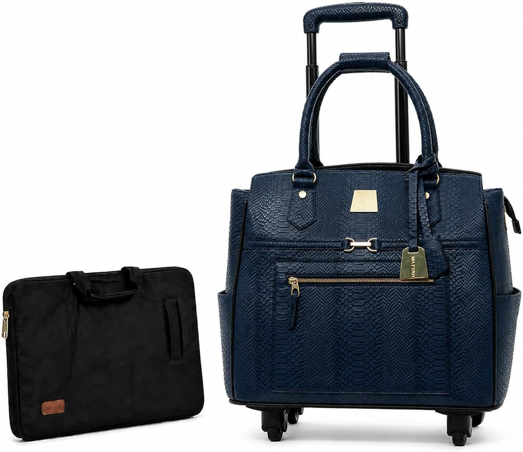 Rolling Laptop Bag for Women with Wheels & Handle Luxury Pure Leather Embossed Work Bag with Laptop Sleeve Travel Briefcase