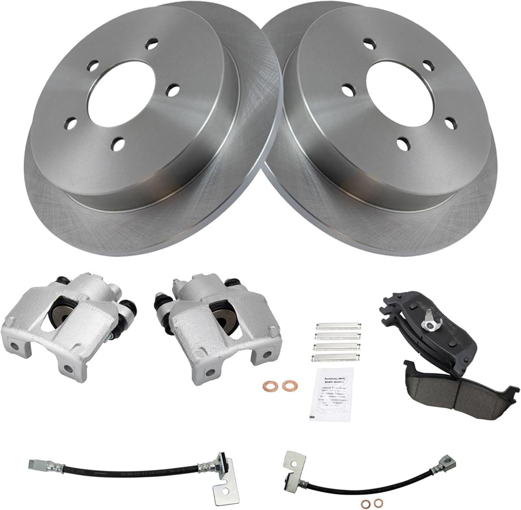 TRQ Rear Brake Pad and Rotor Set Ceramic Rotors Calipers Hoses Compatible with 1999-2003 Ford F-150 2004 F-150 Heritage
