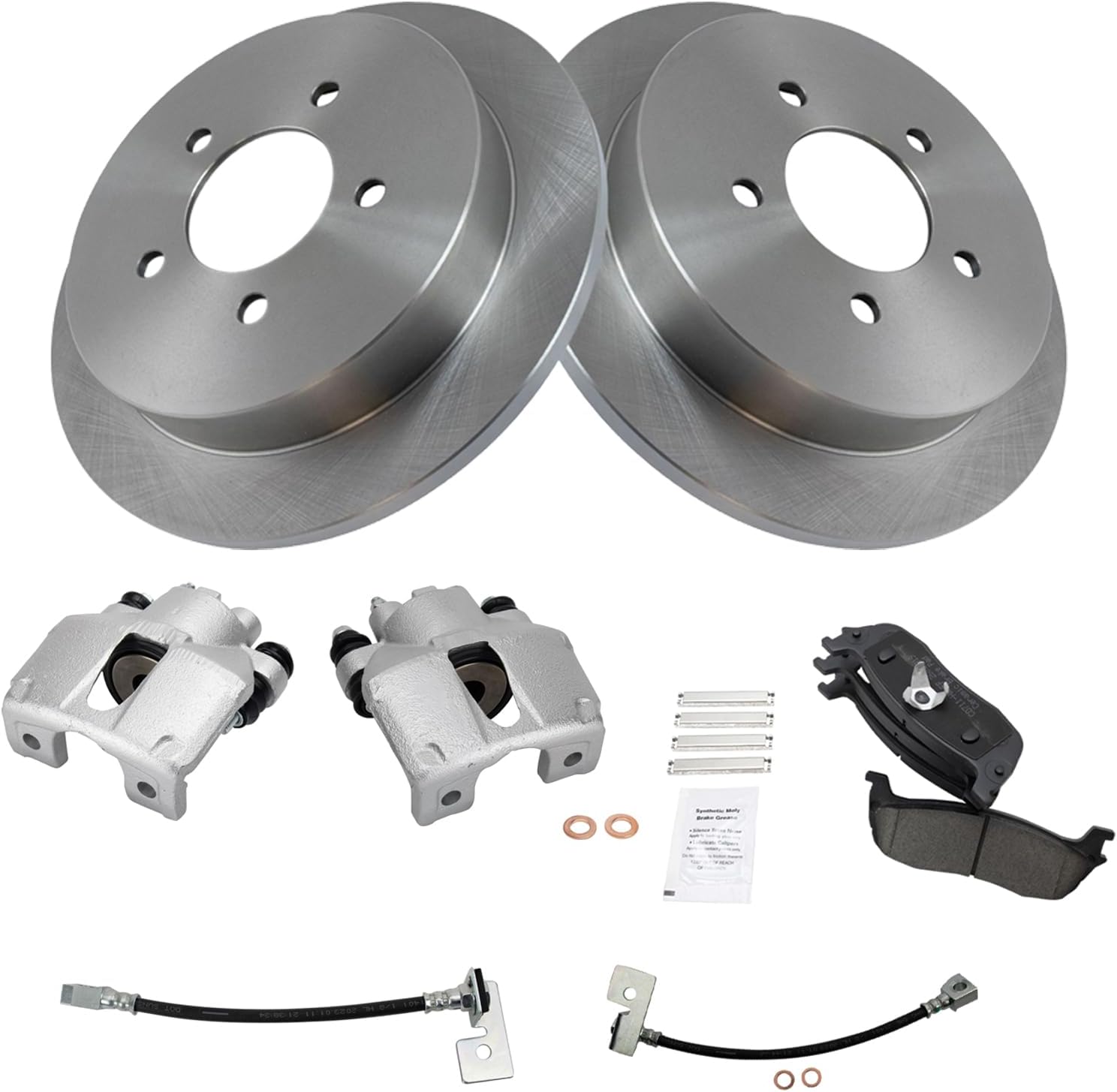 TRQ Rear Brake Pad and Rotor Set Ceramic Rotors Calipers Hoses Compatible with 1999-2003 Ford F-150 2004 F-150 Heritage