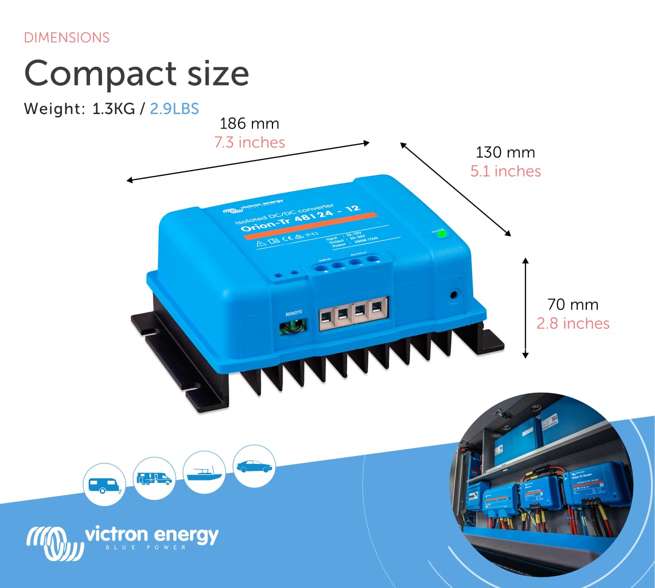 Victron Energy Orion-Tr DC to DC Converter - 48/24-Volt 12 amp 280-Watt - IP43 Protected - for Dual Battery Systems - Isolated