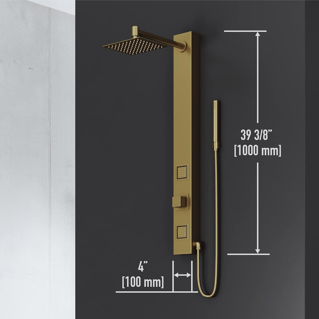 VIGO Orchid 39 in. H x 4 in. W 2-Jet Shower Panel System with Square Head and Hand Shower Wand in Matte Brushed Gold VG08014MG