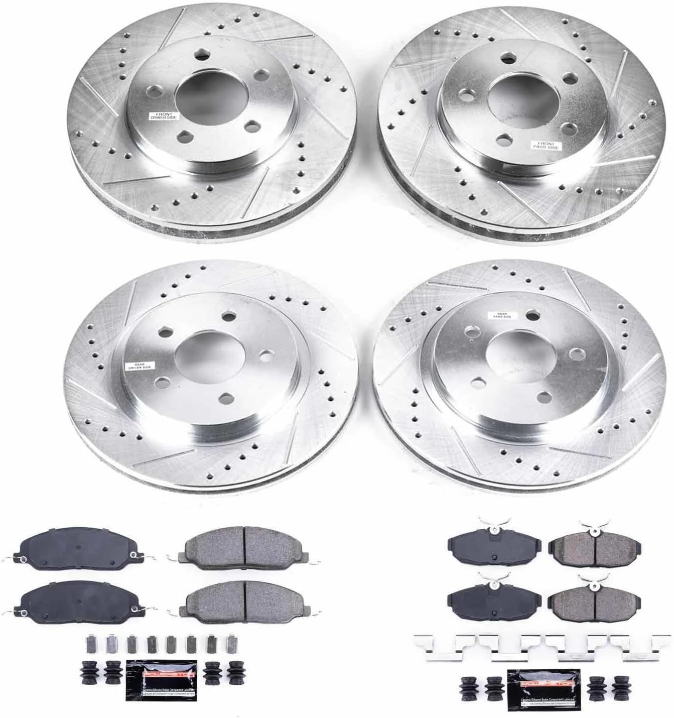 PowerStop Front and Rear Brake Kit for Ford Mustang 2005-10 - Drilled and Slotted Disc Rotors with Carbon-Fiber Ceramic Brake Pads Replacement, K1383