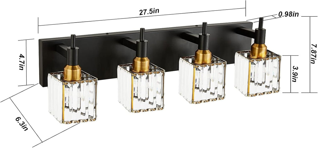 Gold Black Crystal Bathroom Lighting Fixtures, 4 Light Brass Modern Crystal Bathroom Vanity Lights Over Mirror Brass Bath Light