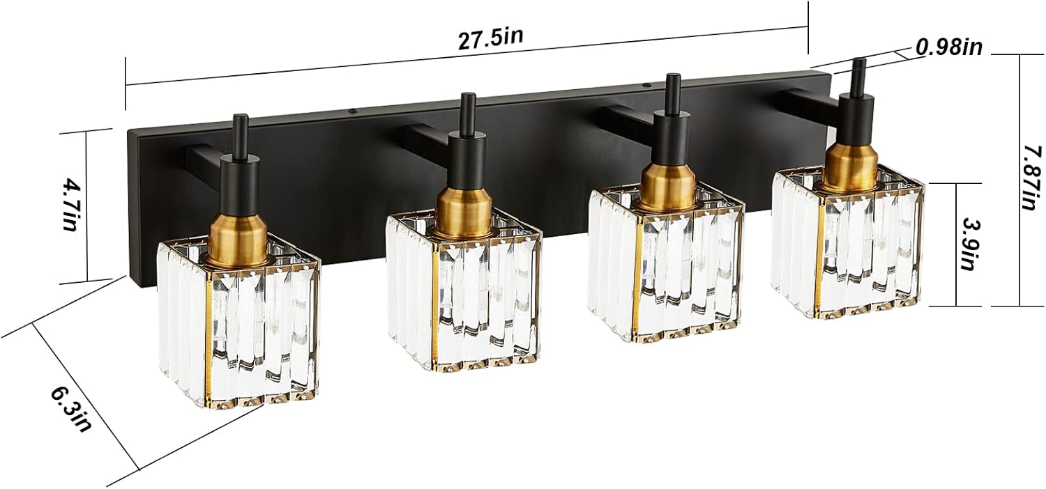 Gold Black Crystal Bathroom Lighting Fixtures, 4 Light Brass Modern Crystal Bathroom Vanity Lights Over Mirror Brass Bath Light