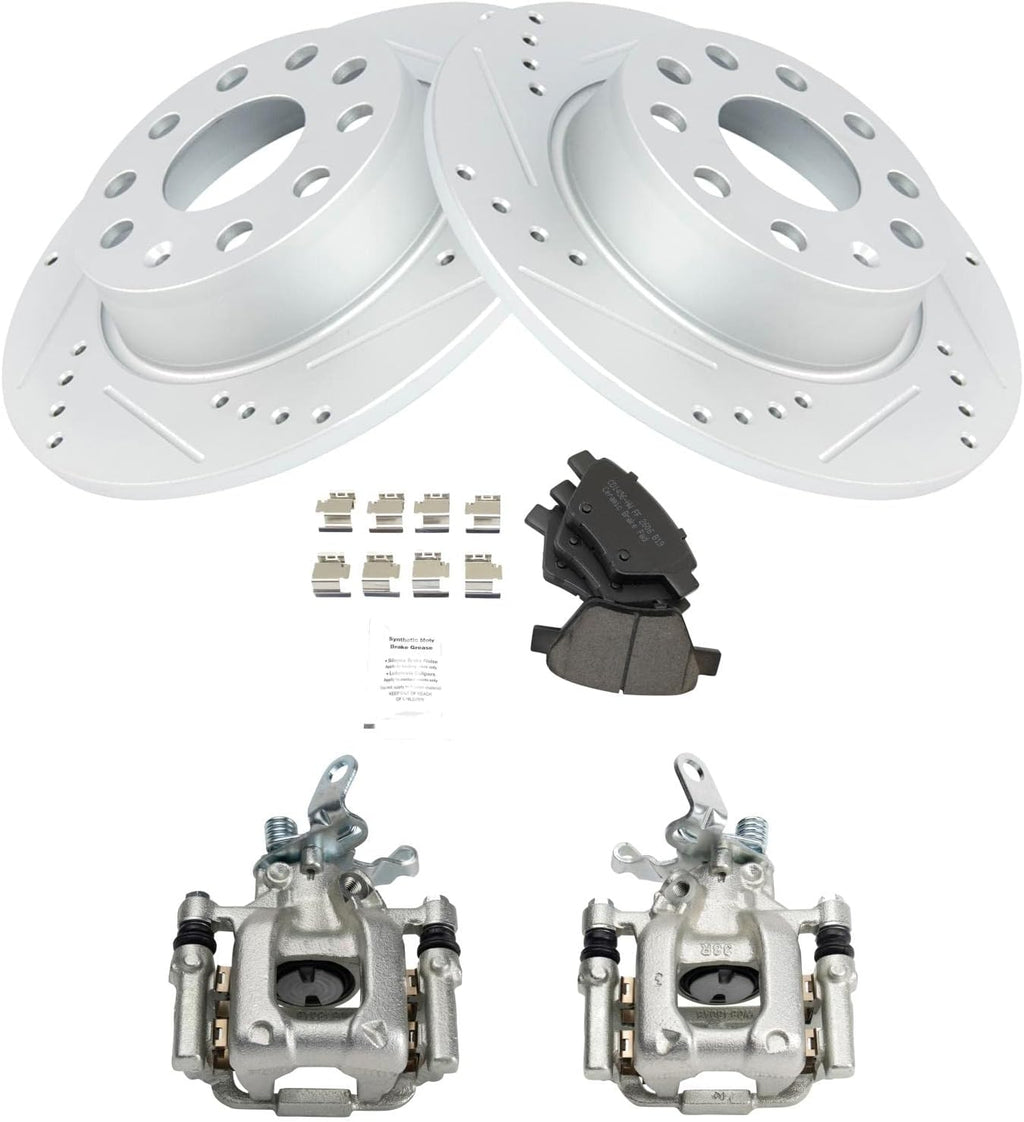TRQ Performance Rear Brake Pad & Rotor Set Ceramic Drilled Rotors Calipers Compatible with 10-13 Audi A3 & Quattro 10-16 Volkswagen Eos 10-14 Golf Jetta 2012 Beetle 12-15 Passat 12-13 GTI