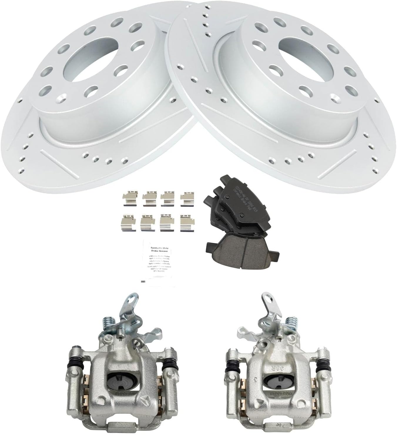 TRQ Performance Rear Brake Pad & Rotor Set Ceramic Drilled Rotors Calipers Compatible with 10-13 Audi A3 & Quattro 10-16 Volkswagen Eos 10-14 Golf Jetta 2012 Beetle 12-15 Passat 12-13 GTI