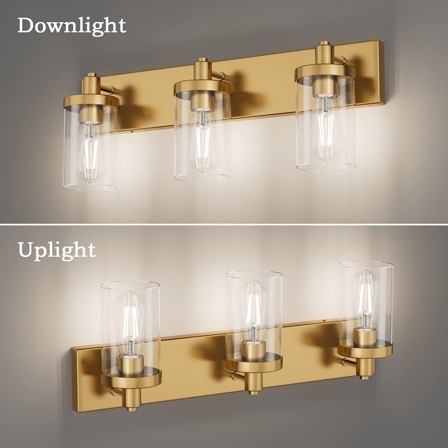 Aipsun Gold Vanity Light 3 Lights Bathroom Vanity Lighting Fixtures Over Mirror Bathroom Wall Light with Clear Glass Shade(Exclude Bulb)